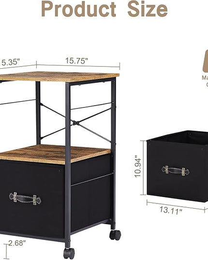 VECELO File Cabinet, Rolling Printer Stand with Large Fabric Drawer, Storage Cabinet Fits Letter Size, Ideal for Small Spaces, Apartments and Bedroom, Easy to Install, Brown+Black,2 Set - LeafyLoom