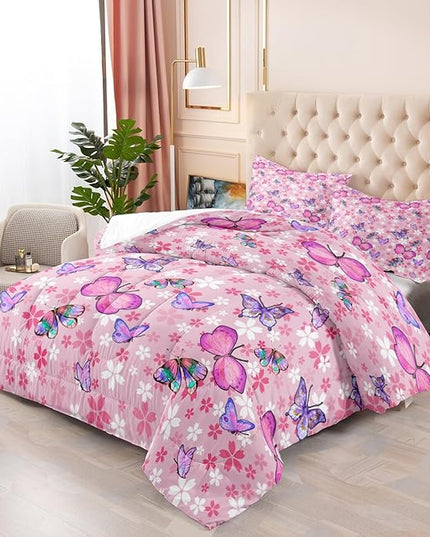 Kids Butterfly Comforter Set - Butterfly Full Bedding Set Pink Butterflies Prints Bedding Set for Girls Room Cute Princess Bedding Sets for All Season Butterfly Bed Set, 1 Comforter + 2 Pillowcases - LeafyLoom