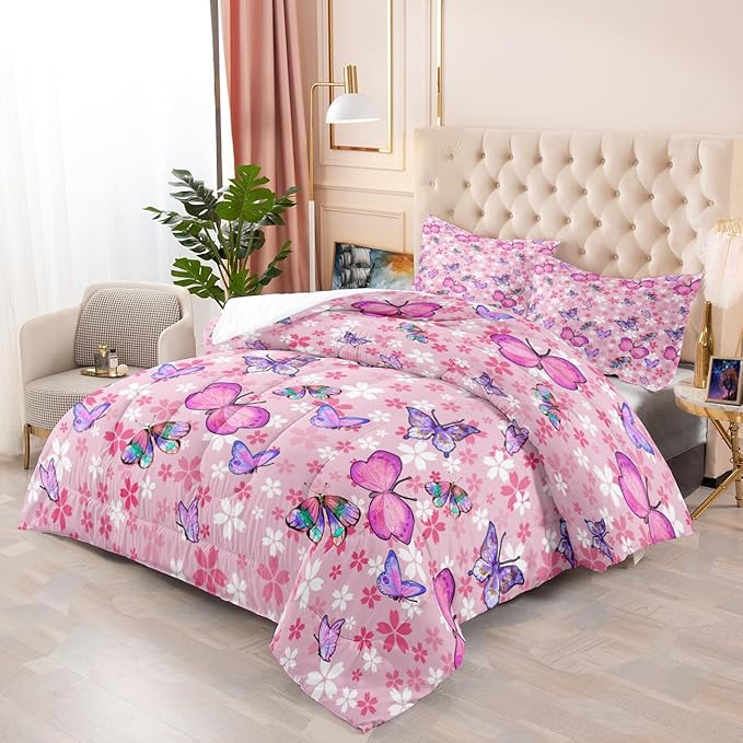Kids Butterfly Comforter Set - Butterfly Full Bedding Set Pink Butterflies Prints Bedding Set for Girls Room Cute Princess Bedding Sets for All Season Butterfly Bed Set, 1 Comforter + 2 Pillowcases - LeafyLoom