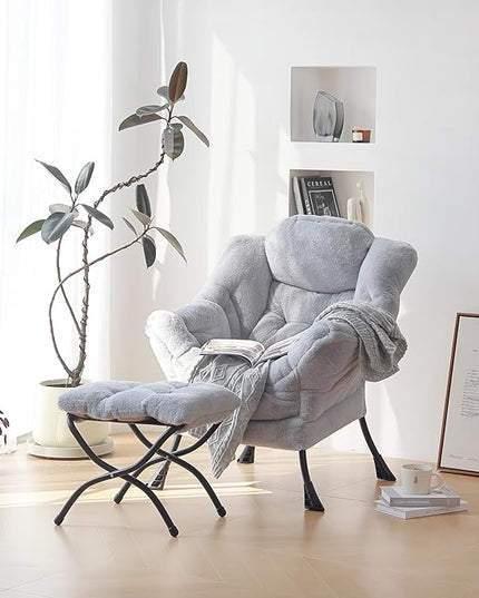 Plush Lazy Chair and Ottoman, Large Contemporary Accent Lounge Chair with Armrests and a Side Pocket, Modern Leisure Upholstered Sofa Reading Armchair with Footrest for Bedroom, Living Room - LeafyLoom