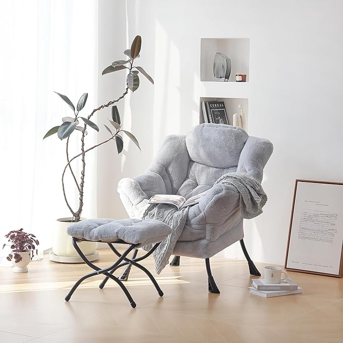 Plush Lazy Chair and Ottoman, Large Contemporary Accent Lounge Chair with Armrests and a Side Pocket, Modern Leisure Upholstered Sofa Reading Armchair with Footrest for Bedroom, Living Room - LeafyLoom