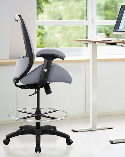 BOLISS Big and Tall 400lbs Mesh Ergonomic Drafting Chair,Tall Office Chair, Standing Desk Chair,Height Adjustable Armrest,Lumbar Support,Foot Ring,Swivel Computer Task Chair-Grey - LeafyLoom