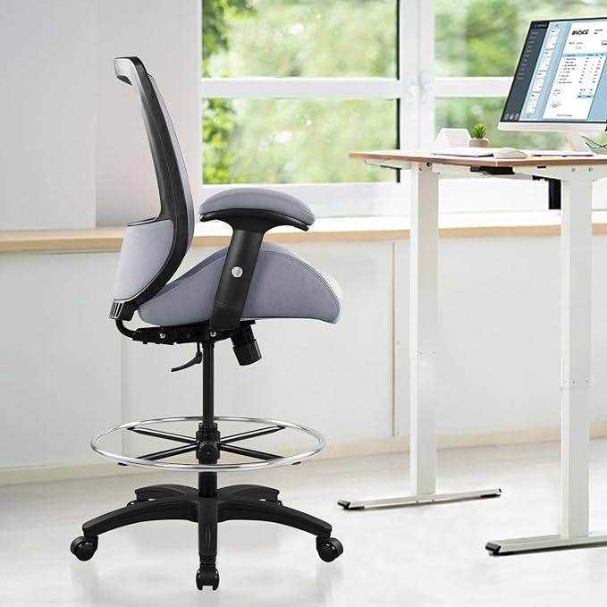 BOLISS Big and Tall 400lbs Mesh Ergonomic Drafting Chair,Tall Office Chair, Standing Desk Chair,Height Adjustable Armrest,Lumbar Support,Foot Ring,Swivel Computer Task Chair-Grey - LeafyLoom