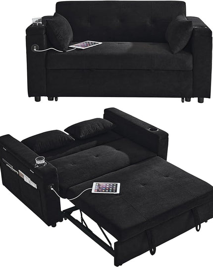 4 in 1 Multifunctional Convertible Loveseat Sleeper Sofa Bed,Soft Chenille Tufted Love Seats Sofabed W/Pull Out Sleep Couch,Armrests Storage,Cupholders,USB Ports,Pillows and Side Pockets - LeafyLoom