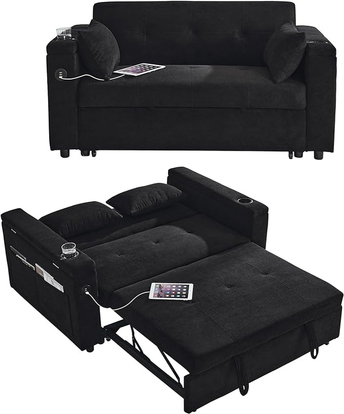 4 in 1 Multifunctional Convertible Loveseat Sleeper Sofa Bed,Soft Chenille Tufted Love Seats Sofabed W/Pull Out Sleep Couch,Armrests Storage,Cupholders,USB Ports,Pillows and Side Pockets - LeafyLoom