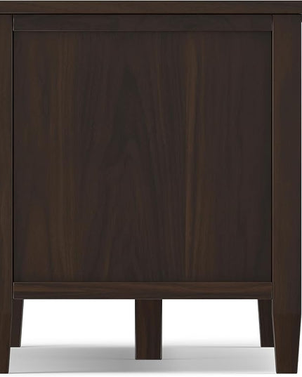SIMPLIHOME Warm Shaker Solid Wood 72 inch Wide Transitional TV Media Stand in Tobacco Brown for TVs up to 80 inches for The Living Room and Entertainment Center - LeafyLoom