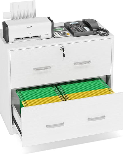 Lateral File Cabinet with 2 Drawers, 31.5 Inches Large Filing Cabinet for Hanging Letter/Legal/F4/A4 Size Files with Lock, Home Office, White - LeafyLoom