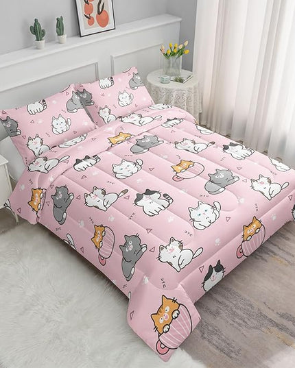 Datura home Pink Kawaii Cat Comforter Bedding Set for Girls Lovely Kitten Pink Print Cute Animal Pattern Bedding Set with 1 Comforter and 2 Pillowcases for Girls Bedroom All Season(Cat Pink Full) - LeafyLoom