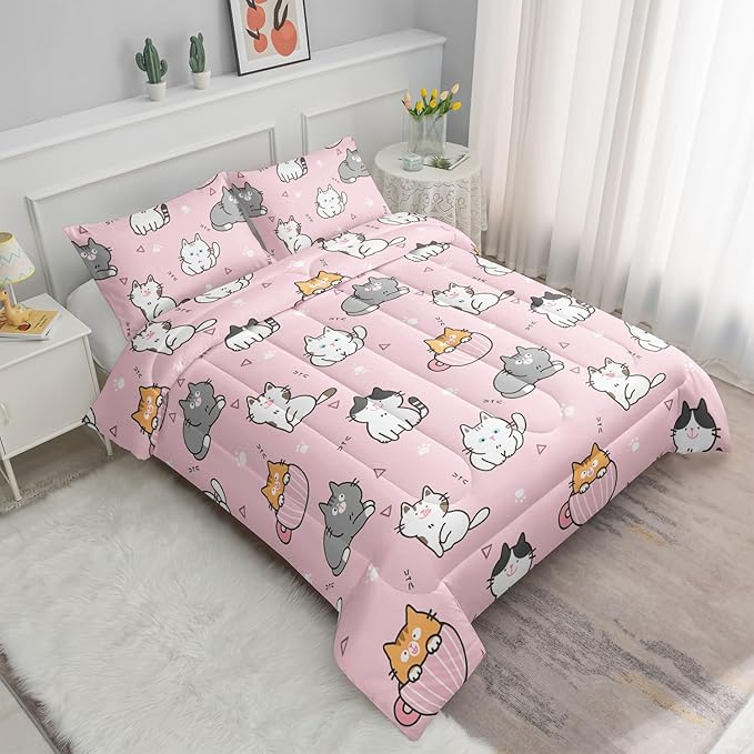 Datura home Pink Kawaii Cat Comforter Bedding Set for Girls Lovely Kitten Pink Print Cute Animal Pattern Bedding Set with 1 Comforter and 2 Pillowcases for Girls Bedroom All Season(Cat Pink Full) - LeafyLoom