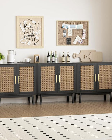 Set of 3 Accent Storage Cabinet with Rattan Decor Doors, Buffet Cabinet with Storage, Sideboard Cabinet for Hallway, Entry, Living Room, Black - LeafyLoom