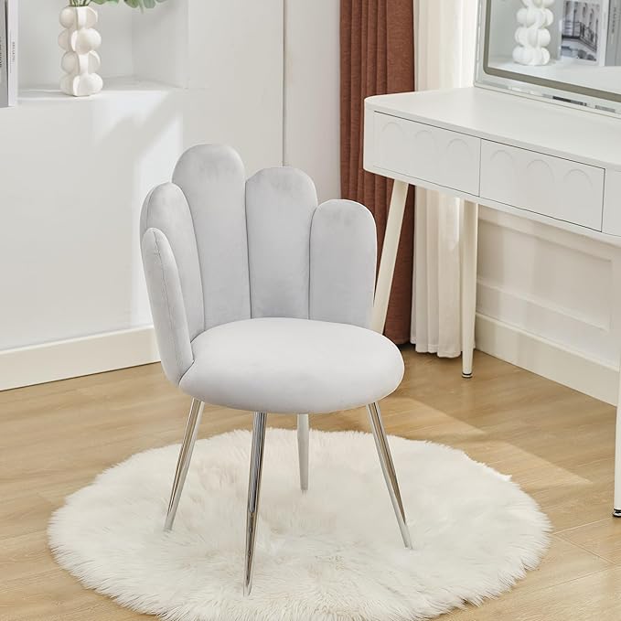 Vanity Chair for Makeup Room - Midcentury Modern Accent Chair for Living Room Bedroom, Makeup Chair with Back Support Velvet Chair with Gold Legs (Light Grey) - LeafyLoom