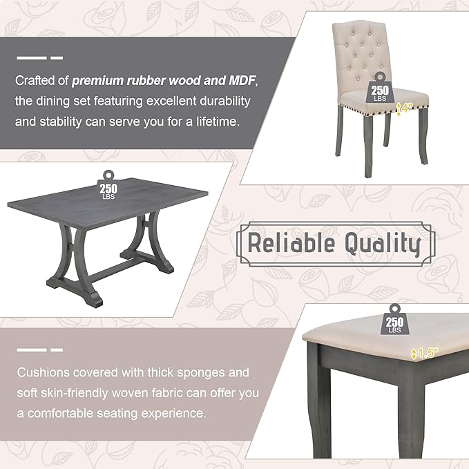 6-Piece Dinette Sets, Rectangular Trestle Dining Table, 4 Upholstered Chairs & Bench, for Diningroom Living Room, Easy to Assemble, Antique Gray - LeafyLoom