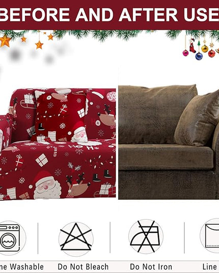 Mybedsoul Christmas Sofa Cover Santa Claus Printed Sofa Couch Cover Washable Furniture Protector with Elastic Bottom Xmas Home Room Festival Decoration(2 Seater/Loveseat) Mybedsoul