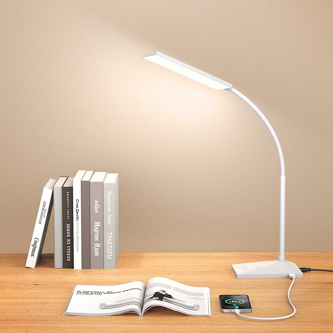 Vansuny LED Desk Lamp with USB Charging Port, Eye-Caring, 5 Color Modes,6 Brightness Levels, Touch Control, Flexible Gooseneck, Memory Function for Dorm Office Work Bedroom (12W,White) - LeafyLoom