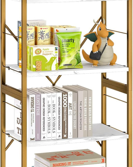 4 Tiers Bookshelf Adjustable White Faux Marble Organizer, Modern Small Bookcase for Small Space,Industrial Wooden Storage Display Rack and Storage Organizer for Living Room Home Office(Glod) - LeafyLoom