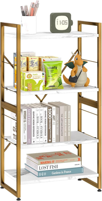 4 Tiers Bookshelf Adjustable White Faux Marble Organizer, Modern Small Bookcase for Small Space,Industrial Wooden Storage Display Rack and Storage Organizer for Living Room Home Office(Glod) - LeafyLoom