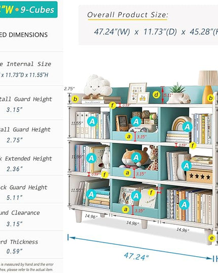 Wooden Cube Bookcase with Legs - 3-Tier Open Shelf Kidsroom Sorted Storage Cabinet Organizer for Books and Toys, 9-Cube Lattice Cute Cubby Bookshelf in White Mixed Westlake Blue, 47" W - LeafyLoom