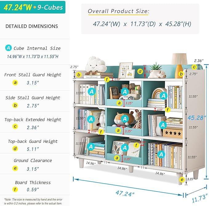 Wooden Cube Bookcase with Legs - 3-Tier Open Shelf Kidsroom Sorted Storage Cabinet Organizer for Books and Toys, 9-Cube Lattice Cute Cubby Bookshelf in White Mixed Westlake Blue, 47" W - LeafyLoom