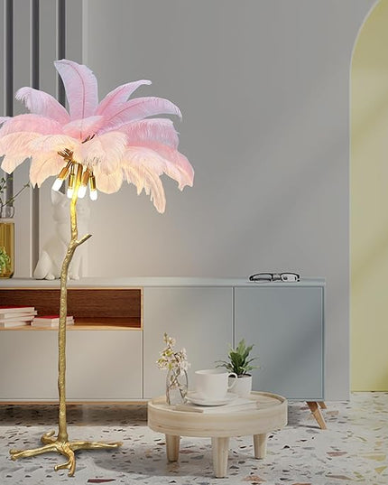 Romantic Feather Floor Lamp Modern Luxury Resin Ostrich Feather LED Lamp Living Room Bedroom Corner Decoration Floor Lamp Pink - LeafyLoom
