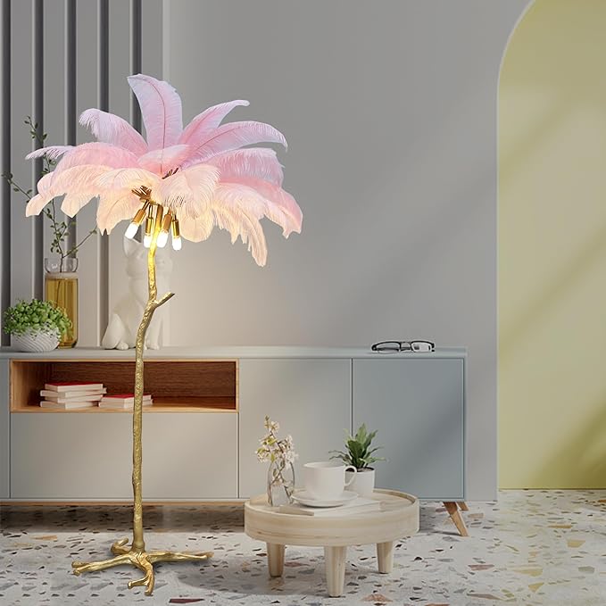 Romantic Feather Floor Lamp Modern Luxury Resin Ostrich Feather LED Lamp Living Room Bedroom Corner Decoration Floor Lamp Pink - LeafyLoom