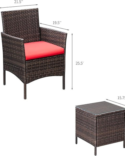 Greesum 3 Pieces Patio Furniture Sets Outdoor PE Rattan Wicker Chairs with Soft Cushion and Glass Coffee Table for Garden Backyard Porch Poolside, Brown and Red - LeafyLoom