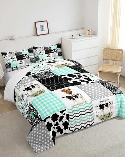 Cute Cow Print Comforter Set King Size Kawaii Highland Cow Bedding Set Bedroom Decor Honeycomb Plaid Pattern Geometric Stripes Down Comforter Cartoon Farm Animals Duvet Set, Green Black Grey - LeafyLoom