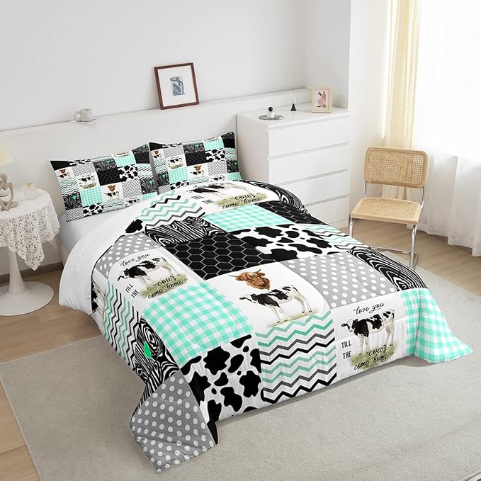 Cute Cow Print Comforter Set Twin Size Kawaii Highland Cow Bedding Set Bedroom Decor Honeycomb Plaid Pattern Geometric Stripes Down Comforter Cartoon Farm Animals Duvet Set, Green Black Grey - LeafyLoom