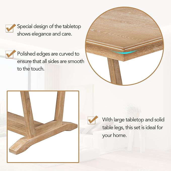 NicBex Small Dining Table Set for 4 Kitchen Table Set 5-Piece Dining Table Set with 4 Upholstered Chairs, 59-inch Rectangular Dining Table with Trestle Table Base, Natural - LeafyLoom