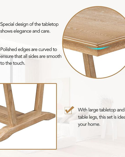 Solid Wood 5-Piece Dining Set with 4 Upholstered Chairs, 59-inch Rectangular Tabletop with Trestle Table Base, for Kitchen Living Room, Natural - LeafyLoom