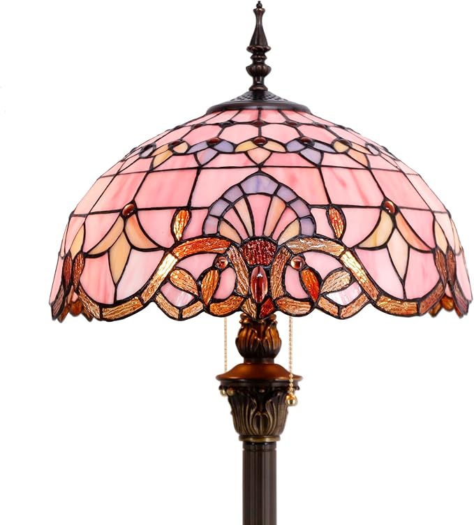 WERFACTORY Tiffany Floor Lamp Pink Baroque Stained Glass Standing Reading Light 16X16X64 Inches Antique Pole Corner Lamp Decor Bedroom Living Room Home Office S003P Series - LeafyLoom