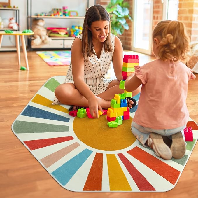 Rainbow Machine Washable Rug for Playroom Kids Room, 4'x 4'7" Boho Sun Kids Rug for Girls Boys, Non-Slip Sunshine Carpet Small Play Rug for Classroom Reading Corner Dorm - LeafyLoom