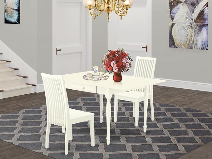 East West Furniture Monza 3 Piece Kitchen Set for Small Spaces Contains a Rectangle Room Table with Dropleaf and 2 Dining Chairs, 36x54 Inch, Linen White - LeafyLoom