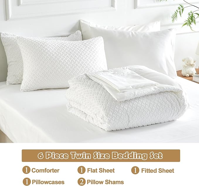 Twin Size Kids Comforter Set 6 Piece White Tufted Bedding Set for Boys Girls Jacquard Tufts Embroidery Bed in A Bag Quilt with 1 Comforter, 1 Flat Sheet, 1 Fitted Sheet, 1 Pillowcase and 2 Pillow Sham - LeafyLoom