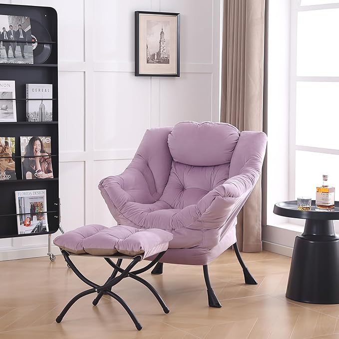 LITA Lazy Chair with Ottoman, Modern Accent Leisure Upholstered Sofa Chair, Contemporary Lounge Reading Chair with Armrests and a Side Pocket for Living Room, Bedroom & Small Space - LeafyLoom