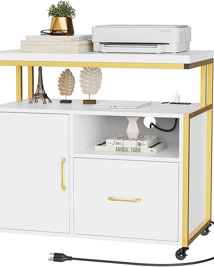 YITAHOME Wood File Cabinet with Charging Station, Rolling Filing Cabinet Cart with Door, Industrial Nightstand with Printer Shelf for Home Office, Bedroom, Living Room, Entryway, Gold and White - LeafyLoom