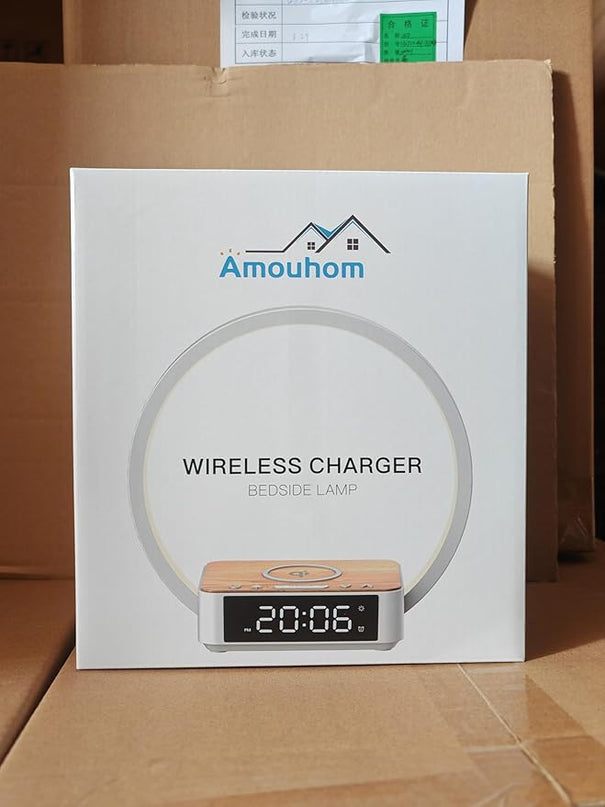 Amouhom Table Lamp, 18W Touch Lamp Alarm Clock with Wireless Charging Wake-Up Light, Digital Sonic 10W Max Qi Charger Nightstand Reading Lamps for Bedside, Reading, Home, Office - LeafyLoom