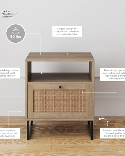 Nathan James Jacklyn Modern Home Office Writing Desk and Mina Rattan Wood End Side Accent Table Nightstand, Natural Brown and Oak/Black - LeafyLoom