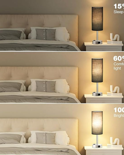 Black Bedroom Table Lamp for Bedside - 3 Way Dimmable Touch Lamp USB C A Charging Ports and AC Outlet, Small Desk Lamp for Nightstand for Living Room with Silver Base, Office Desk, LED Bulb Included - LeafyLoom