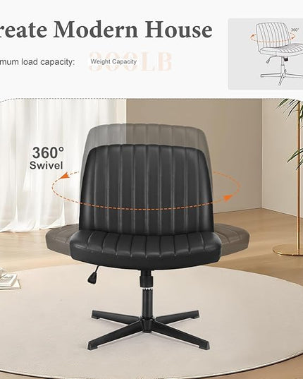 Sweetcrispy Criss Cross Chair Legged, Armless Office Desk Chair No Wheels, Swivel Vanity Chair, Height Adjustable Wide Seat Computer Task Chair, PU Leather Vanity Modern Home Chair Black - LeafyLoom