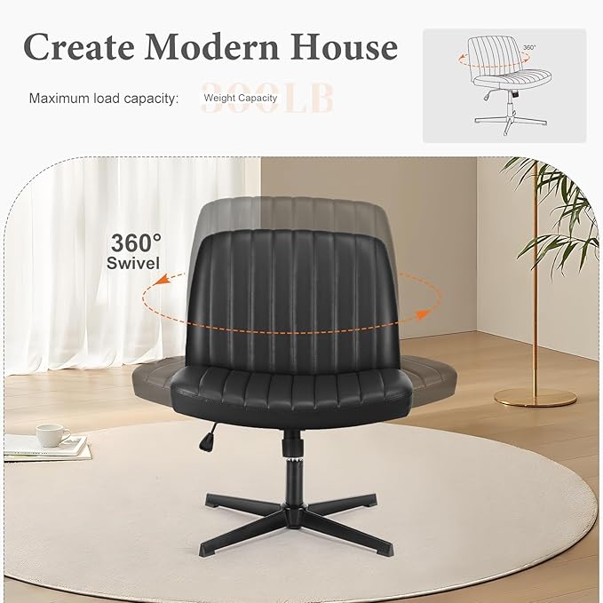 Sweetcrispy Criss Cross Chair Legged, Armless Office Desk Chair No Wheels, Swivel Vanity Chair, Height Adjustable Wide Seat Computer Task Chair, PU Leather Vanity Modern Home Chair Black - LeafyLoom