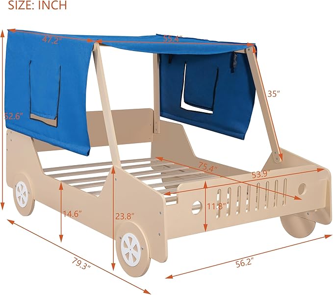 Full Size Kids Car Bed with Tent Canopy & Wheels,Wood Bedframe W/Safty Grille,Raised Base Design,Easy to Assemble,Toddler Boys Car-Shaped Bedroom Beds for Reading Playing Relaxing,Natural - LeafyLoom