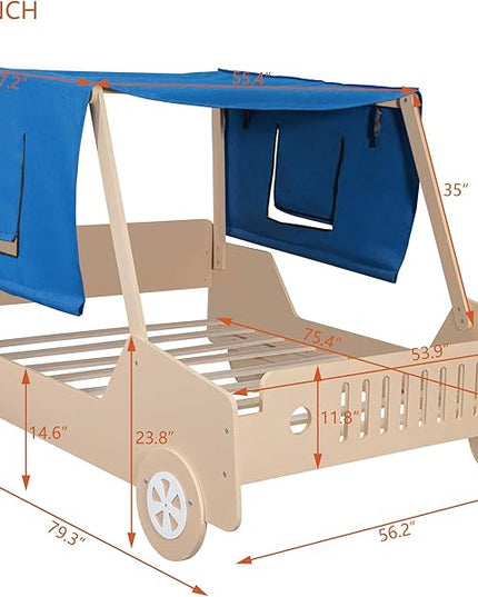 Twin Size Race Jeep Car Bed Platform Bed with Tent Canopy and Wheels,Wood Bed Frame W/Raised Bed Design,for Kids Boys Girls Teens,White - LeafyLoom