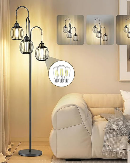OUTON Dimmable Industrial Floor Lamps for Living Room, Standing Tall Lamps with 3 Arc Hanging Iron Wire Cage Heads & 3 LED Edison Bulbs, Rustic Tree Floor Lights for Farmhouse, Bedroom, Office, Black - LeafyLoom