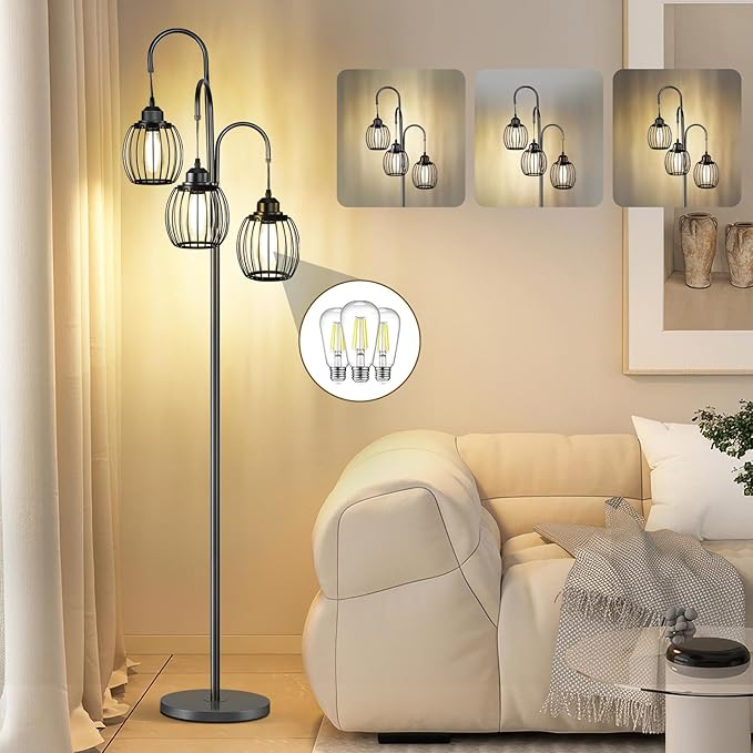 OUTON Dimmable Industrial Floor Lamps for Living Room, Standing Tall Lamps with 3 Arc Hanging Iron Wire Cage Heads & 3 LED Edison Bulbs, Rustic Tree Floor Lights for Farmhouse, Bedroom, Office, Black - LeafyLoom