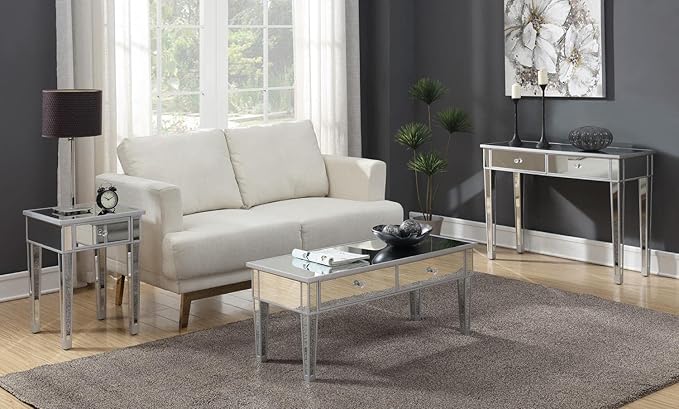 Convenience Concepts Gold Coast Desk 42" Console Table with 2 Drawers for Storage in Living Room, Office, Den, 42 x 15 x 30 inches, Silver/Mirror - LeafyLoom