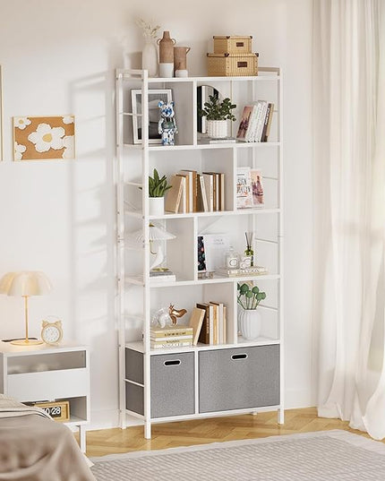armocity 74 Inch Tall Bookshelf, 6 Tier Bookcase with Drawers, Modern Book Shelf Display Standing Shelf Units with Storage, Wood and Metal Bookshelves for Living Room, Bedroom, Home Office, White - LeafyLoom
