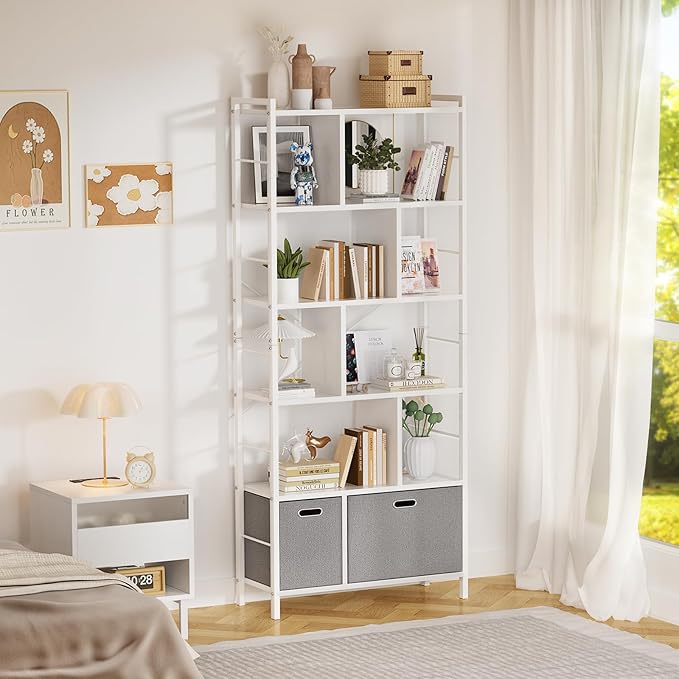 armocity 74 Inch Tall Bookshelf, 6 Tier Bookcase with Drawers, Modern Book Shelf Display Standing Shelf Units with Storage, Wood and Metal Bookshelves for Living Room, Bedroom, Home Office, White - LeafyLoom