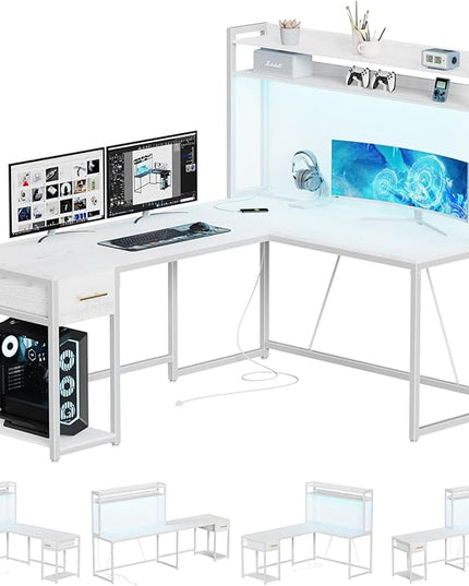 L Shaped Gaming Desk, Reversible L Shaped Computer Desk with Drawers, Led Lights & Power Outlets for Home Office White - LeafyLoom