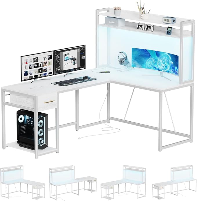 L Shaped Gaming Desk, Reversible L Shaped Computer Desk with Drawers, Led Lights & Power Outlets for Home Office White - LeafyLoom