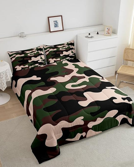 Twin Size Camouflage Comforter Set 3Pcs Kids Bedding Set for Boys Girls Teens 1 Comforter & 2 Pillowcases(Twin,Army Green) Boys - LeafyLoom